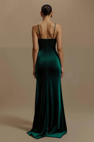 Robe de vacances en velours à col en V gainée vert foncé